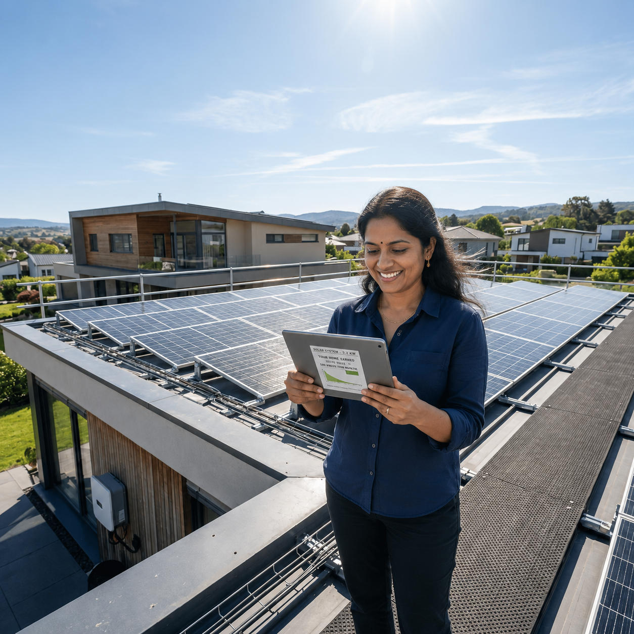 Woman checking solar app on roof